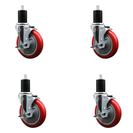 Service Caster 5'' SS Red Poly Swivel 1-3/4'' Expanding Stem Caster Set with Brake, 4PK SCC-SSEX20S514-PPUB-RED-TLB-134-4